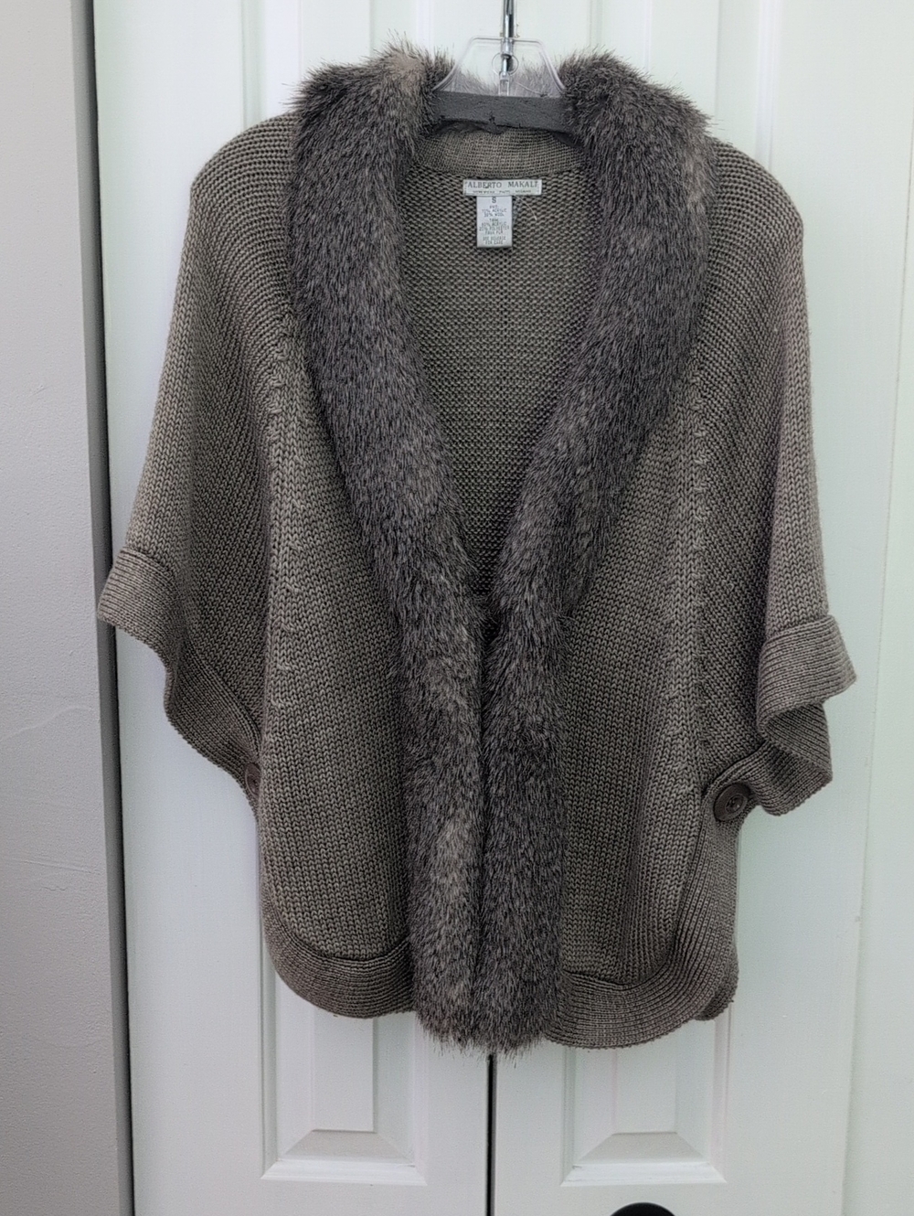 Alberto Makali Taupe-Gray  Wool Blend Shrug with Faux-Fur Trim